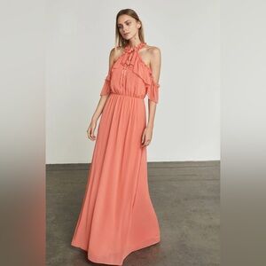 BCBGMaxazria Tracie Maxi Dress Ruffle Cold‎ Shoulder Evening Halter Chiffon